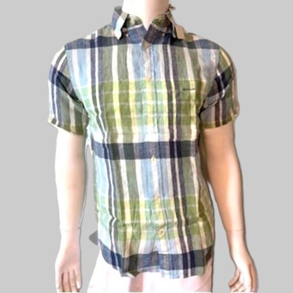 Gant Madras Men's Short Sleeved Linen Shirt Green Size M - Picture 2 of 4
